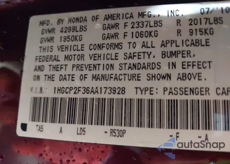 2010 Honda Accord 2.4 Lx z USA, uszkodzony, nr VIN 1HGCP2F36AA173928